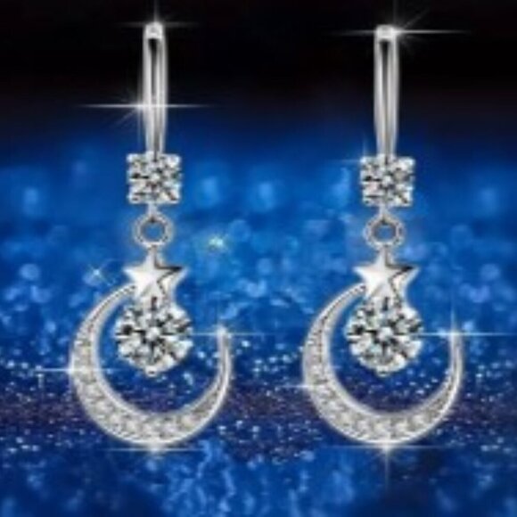 Pink Moon & Star Drop Pendant Earrings Inlaid Zircon Hypoallergenic, Nickle free - Picture 2 of 4